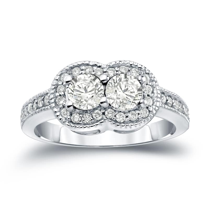 Auriya 14k Gold Vintage 1ct TDW 2-Stone Diamond Halo Engagement Ring