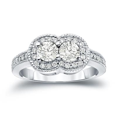 Auriya 14k Gold Vintage 1ct TDW 2-Stone Diamond Halo Engagement Ring