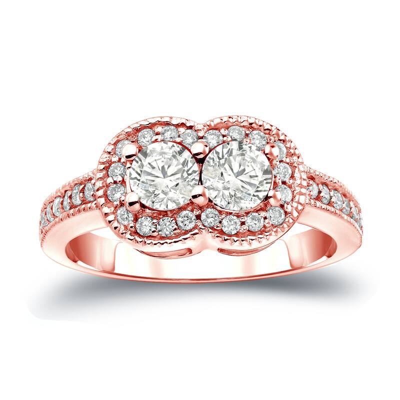 Auriya 14k Gold Vintage 1ct TDW 2-Stone Diamond Halo Engagement Ring