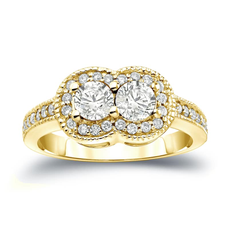 Auriya 14k Gold Vintage 1ct TDW 2-Stone Diamond Halo Engagement Ring