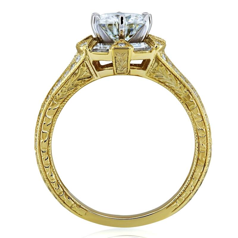 Annello by Kobelli 14k Yellow Gold 1 1/2ct TCW Forever One Moissanite Diamond Open Shank Art Deco Engagement Ring