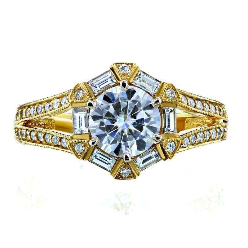 Annello by Kobelli 14k Yellow Gold 1 1/2ct TCW Forever One Moissanite Diamond Open Shank Art Deco Engagement Ring