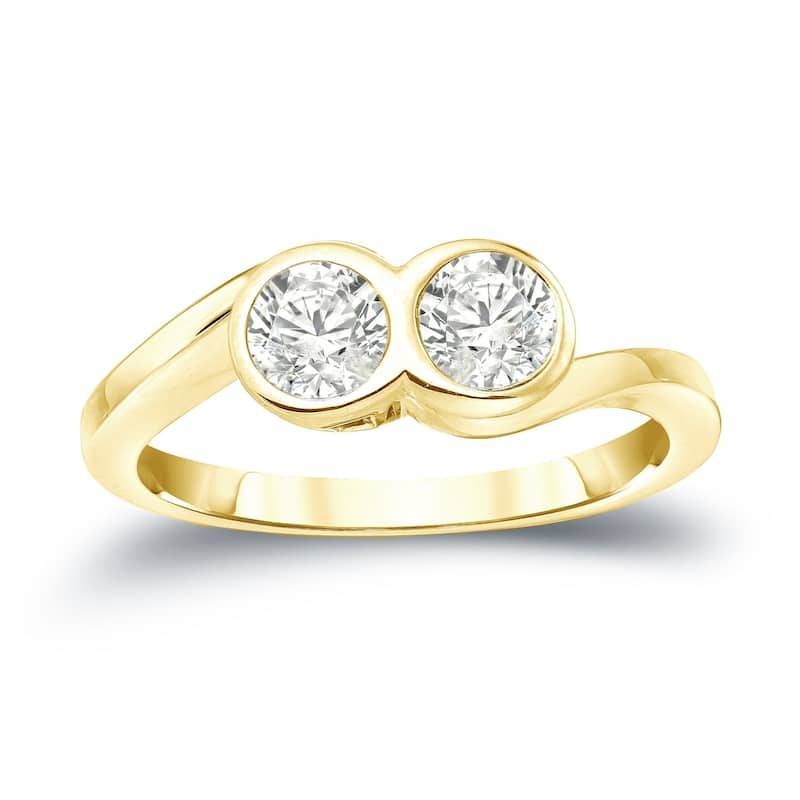 Auriya 1 carat TW Bezel Set 2-Stone Diamond Engagement Ring 14-karat Gold (J-K, I1-I2) - 4 - Yellow