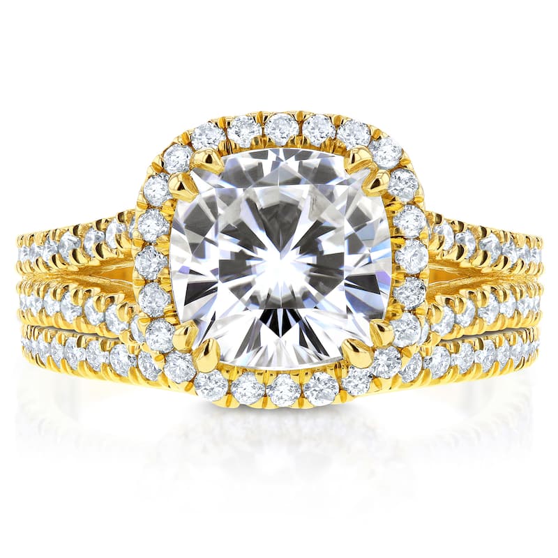 Annello by Kobelli 14k Yellow Gold 2ct Forever One Moissanite and 3/4ct TDW Diamond Halo Split Shank
