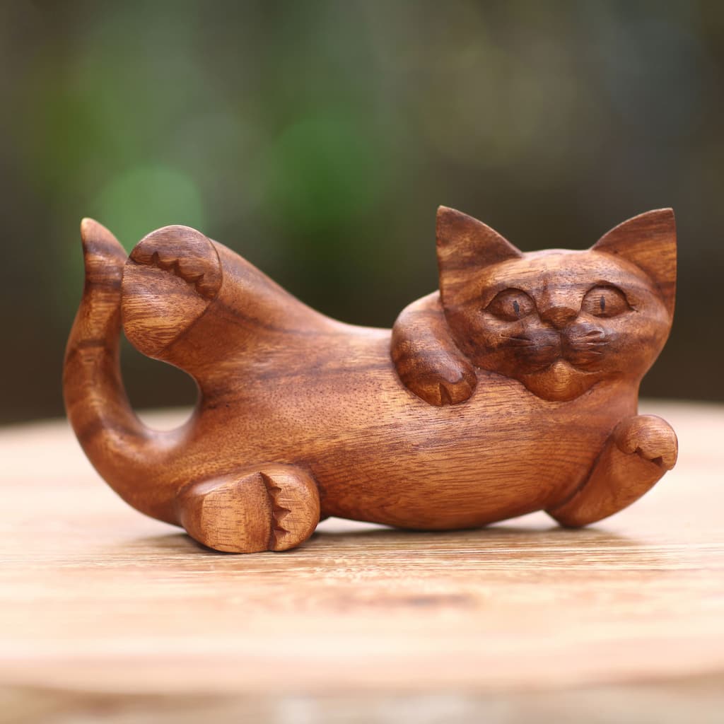 Handcrafted Suar Wood 'Naughty Kitty' Sculpture (Indonesia) - 4.3" H x 7.75" W x 2" D