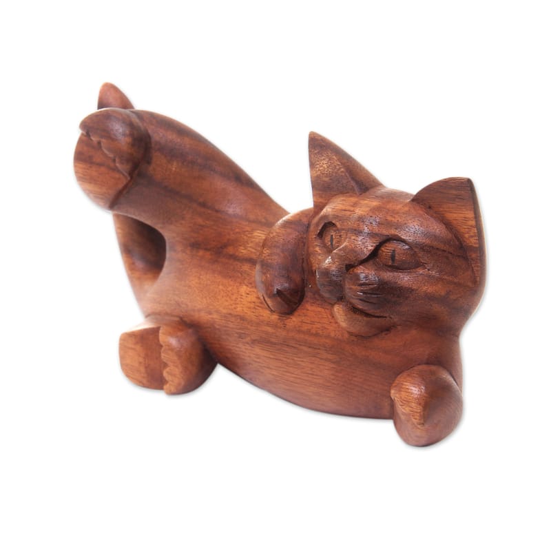 Handcrafted Suar Wood 'Naughty Kitty' Sculpture (Indonesia) - 4.3" H x 7.75" W x 2" D