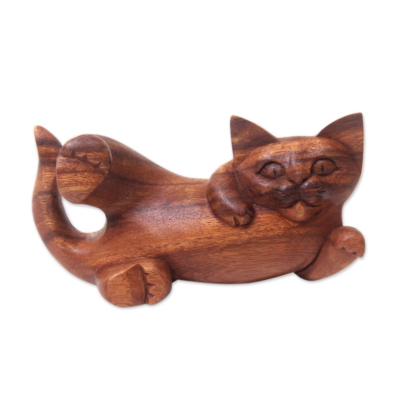 Handcrafted Suar Wood 'Naughty Kitty' Sculpture (Indonesia) - 4.3" H x 7.75" W x 2" D
