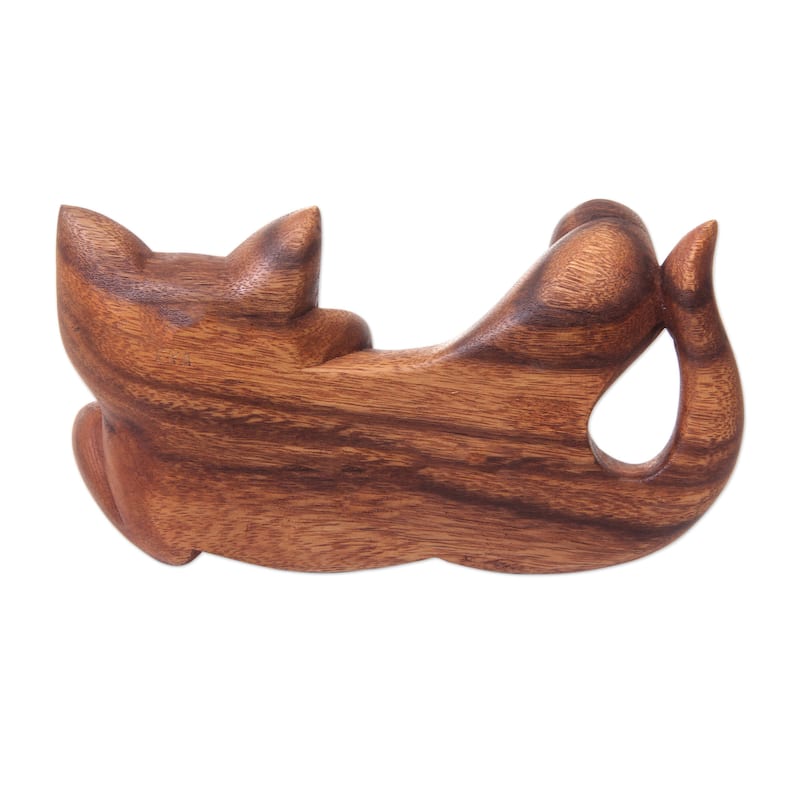 Handcrafted Suar Wood 'Naughty Kitty' Sculpture (Indonesia) - 4.3" H x 7.75" W x 2" D