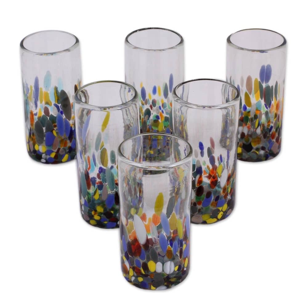 NOVICA Artisan Handblown Glasses Highball Multicolor Clear Blue Mexican Water Cocktail Tumbler 'Confetti Festival'(Set Of 6)
