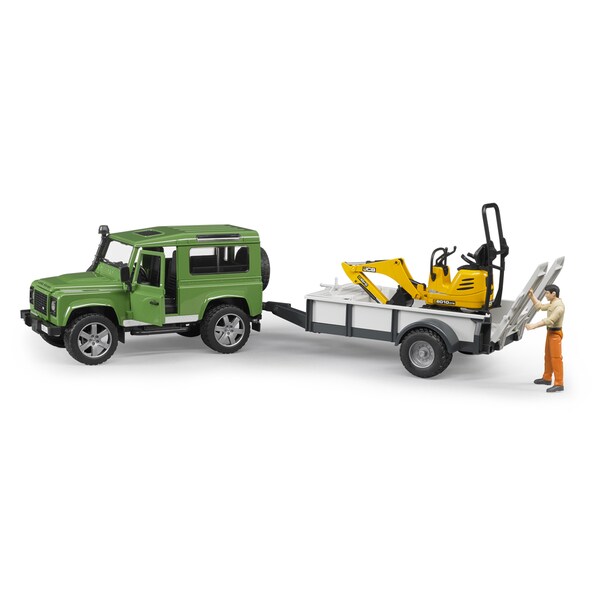 bruder land rover defender with trailer jcb excavator and worker