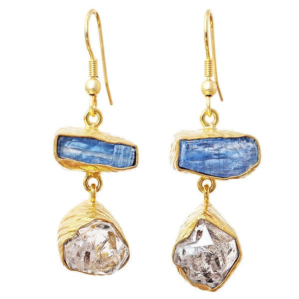 Handmade Gold Overlay Rough-cut Gemstone Earrings (India). Opens flyout.
