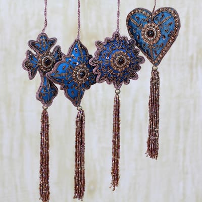 Set of 8 Handcrafted Beaded 'Teal Splendor' Holiday Ornaments (India)