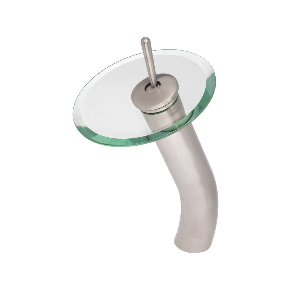 Novatto Falls Brushed Nickel Brass and Clear Glass Single-lever Deck-mount Waterfall Vessel Faucet