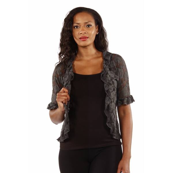 24seven Comfort Apparel Ruffle Black Lace Plus Size Bolero Shrug