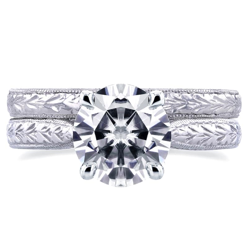 Annello by Kobelli 14k White Gold 1 1/2ct TGW Moissanite and Diamond Antique Cathedral Bridal Rings
