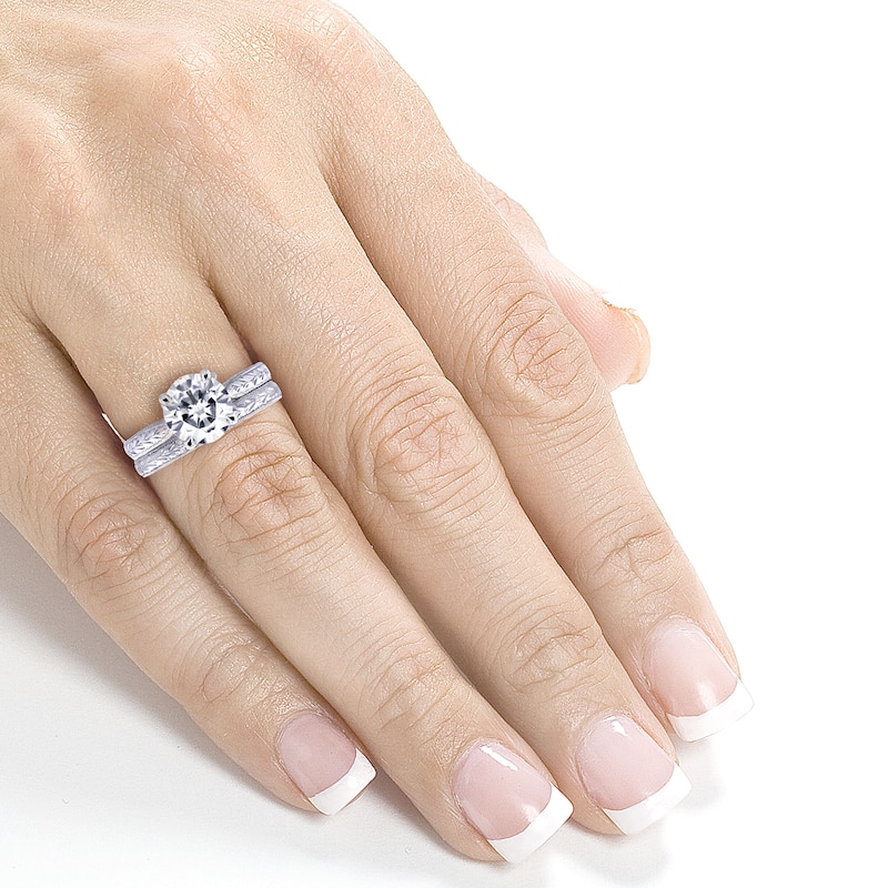 Annello by Kobelli 14k White Gold 1 1/2ct TGW Moissanite and Diamond Antique Cathedral Bridal Rings