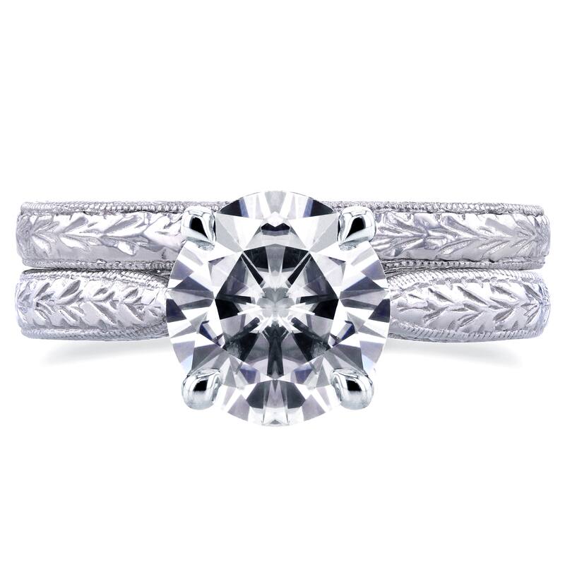 Annello by Kobelli 14k White Gold Forever One 1 1/2ct TGW Moissanite and Diamond Antique Cathedral Bridal Rings Set
