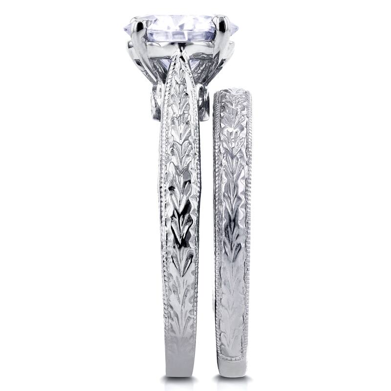 Annello by Kobelli 14k White Gold Forever One 1 1/2ct TGW Moissanite and Diamond Antique Cathedral Bridal Rings Set
