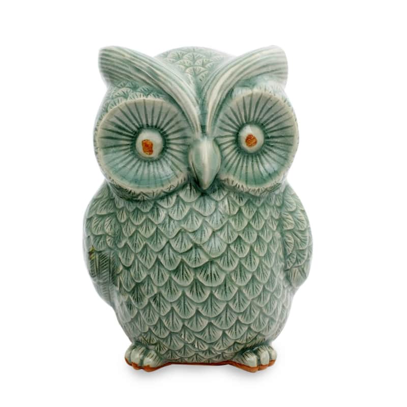 Handmade Ceramic 'Light Green Wise Owl' Celadon Statuette (Thailand)