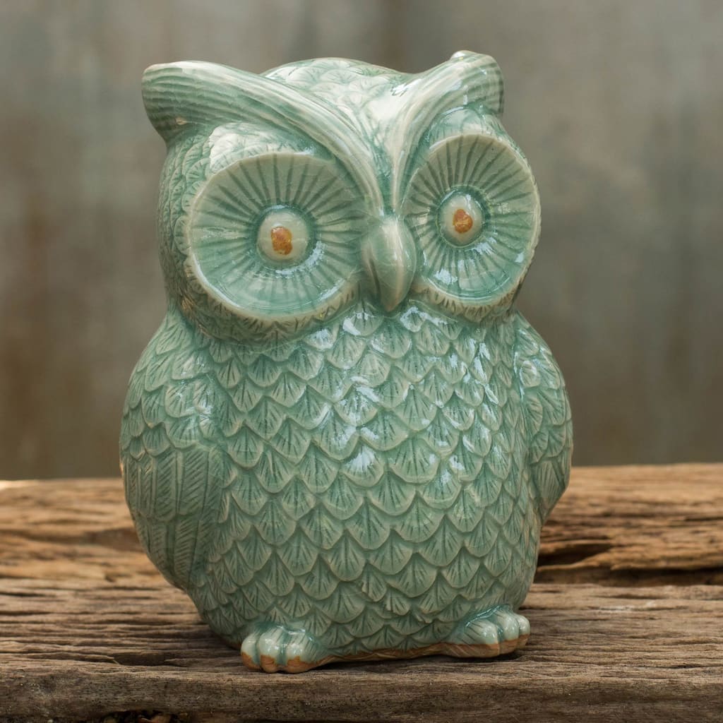 Handmade Ceramic 'Light Green Wise Owl' Celadon Statuette (Thailand)