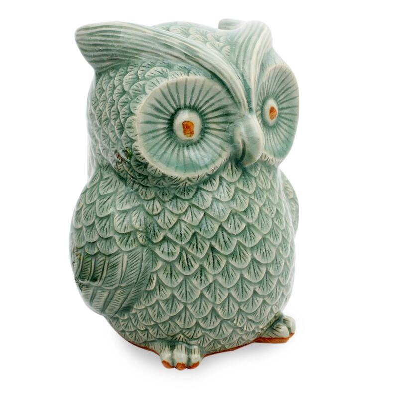 Handmade Ceramic 'Light Green Wise Owl' Celadon Statuette (Thailand)