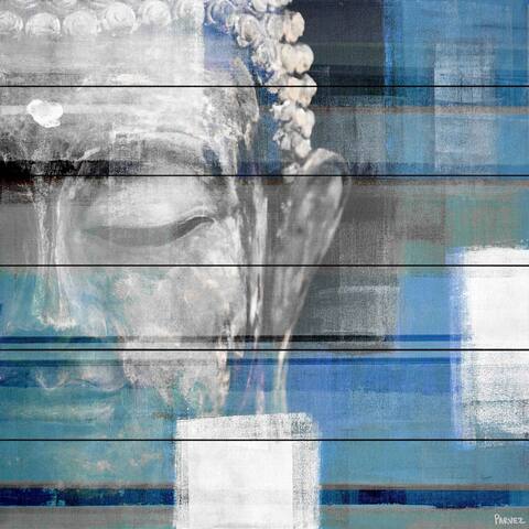 Handmade Parvez Taj - Blue Buddha Print on White Wood