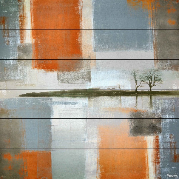 slide 1 of 7, Handmade Parvez Taj - Through Orange and Gray Print on White Wood