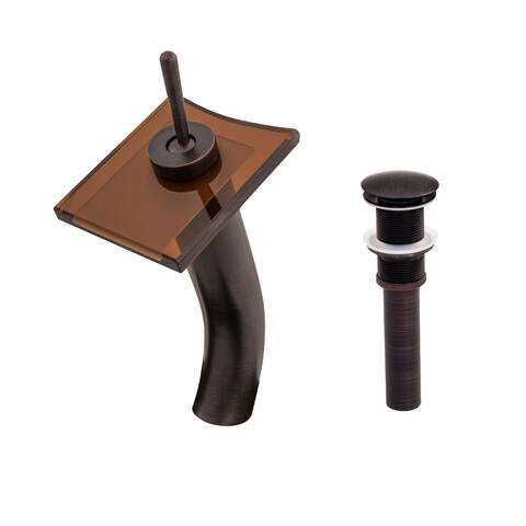 Novatto Squared Oil-rubbed Bronze Brass and Tea Glass Single-lever Waterfall Vessel Faucet Set
