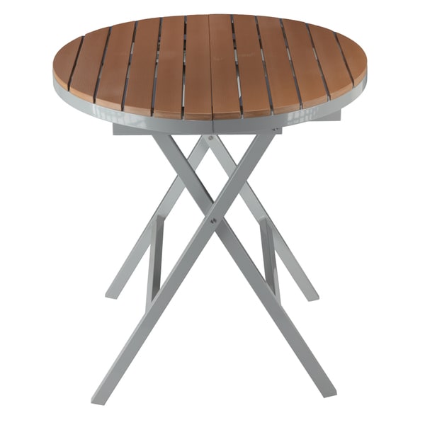 Cortesi Home Avery Aluminum Outdoor Round Folding Table In Poly Cortesi Home Avery Aluminum Outdoor Round Folding Table In Poly Wood Teak