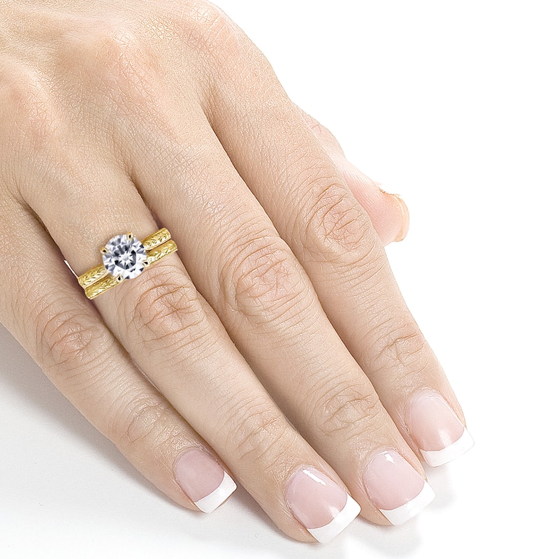 Annello by Kobelli 14k Yellow Gold Forever One 1 1/2ct TGW Moissanite and Diamond Antique Cathedral Bridal Rings Set
