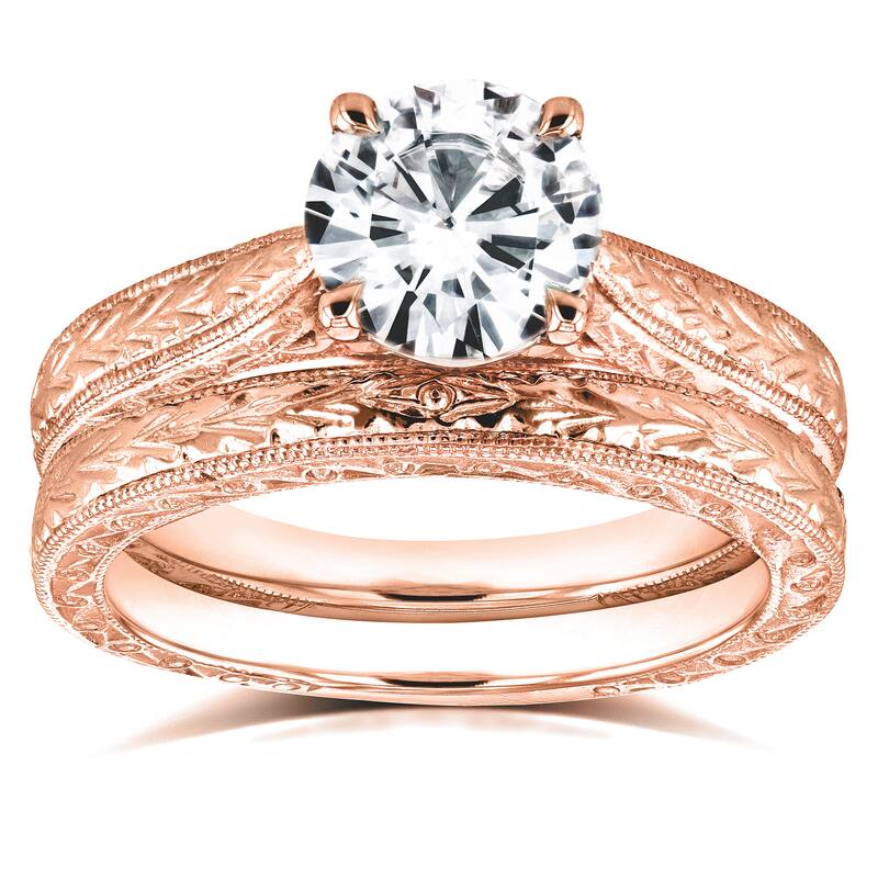 Annello by Kobelli 14k Rose Gold 1 1/2ct TGW Moissanite and Diamond Antique Cathedral Bridal Rings (GH/VS, GH/I)