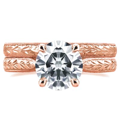 Annello by Kobelli 14k Rose Gold 1 1/2ct TGW Moissanite and Diamond Antique Cathedral Bridal Rings (GH/VS, GH/I)
