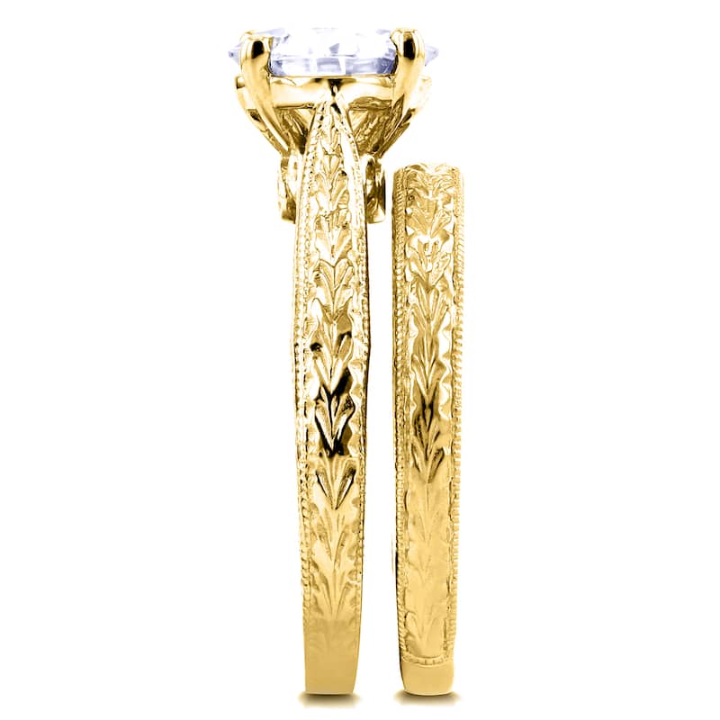 Kobelli 1.5 Carats Moissanite & Diamond Accent 14k Solid Yellow Gold Antique Cathedral Valentina 2pc Bridal Set