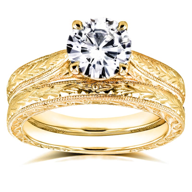 Kobelli 1.5 Carats Moissanite & Diamond Accent 14k Solid Yellow Gold Antique Cathedral Valentina 2pc Bridal Set