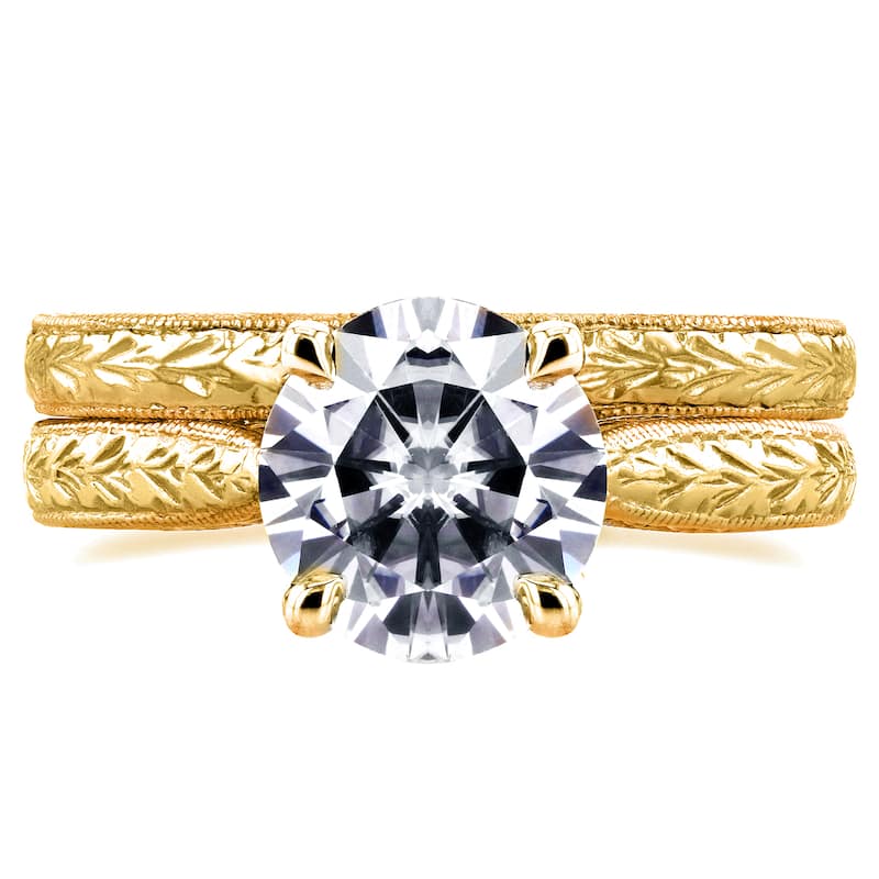 Kobelli 1.5 Carats Moissanite & Diamond Accent 14k Solid Yellow Gold Antique Cathedral Valentina 2pc Bridal Set