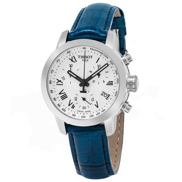 Shop Tissot Women's 'PR 100' Silver Dial Blue Leather Strap Chronograph Swiss Quartz Watch 