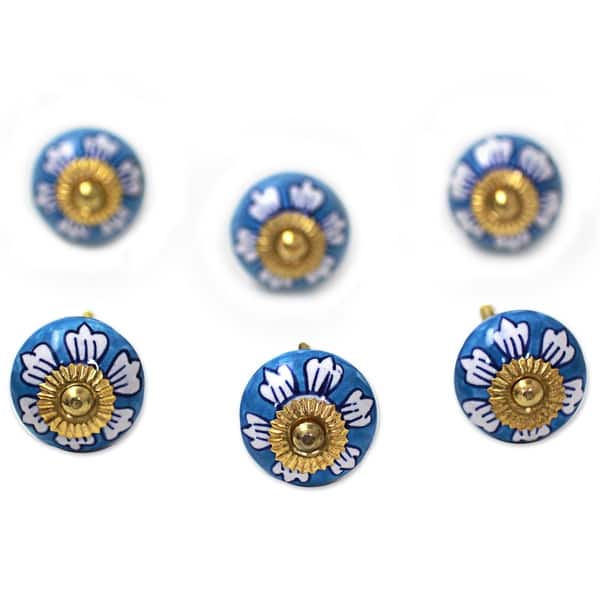 slide 2 of 4, NOVICA Handmade Ceramic Blue Flowers Cabinet Knobs Set of 6 (India) - 1.8 Blue - 1.8