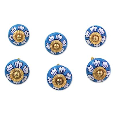 NOVICA Handmade Ceramic Blue Flowers Cabinet Knobs Set of 6 (India) - 1.8