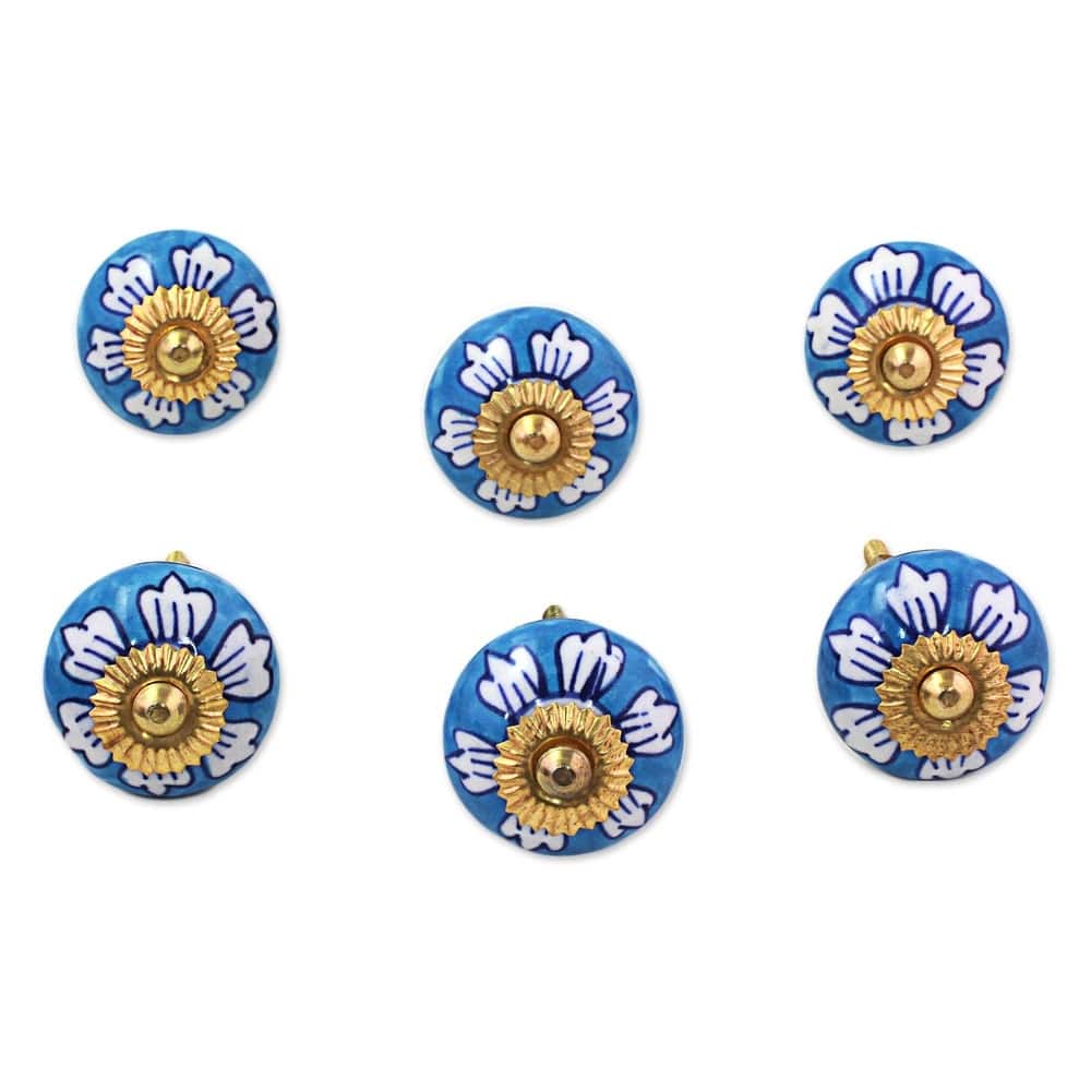 NOVICA Handmade Ceramic Blue Flowers Cabinet Knobs Set of 6 (India) - 1.8