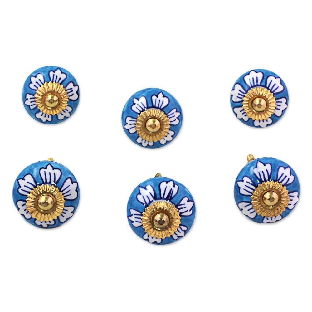 NOVICA Handmade Ceramic Blue Flowers Cabinet Knobs Set of 6 (India) - 1.8