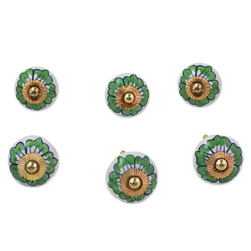 NOVICA Handmade Ceramic 'Green Flowers' Cabinet Knobs Set of 6 (India)