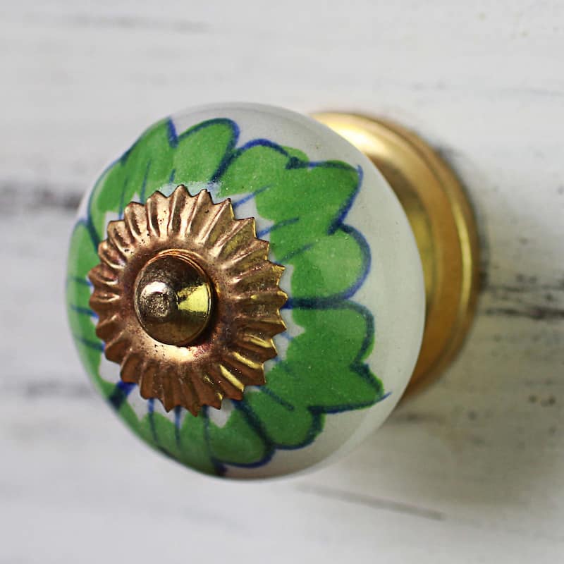 NOVICA Handmade Ceramic 'Green Flowers' Cabinet Knobs Set of 6 (India)