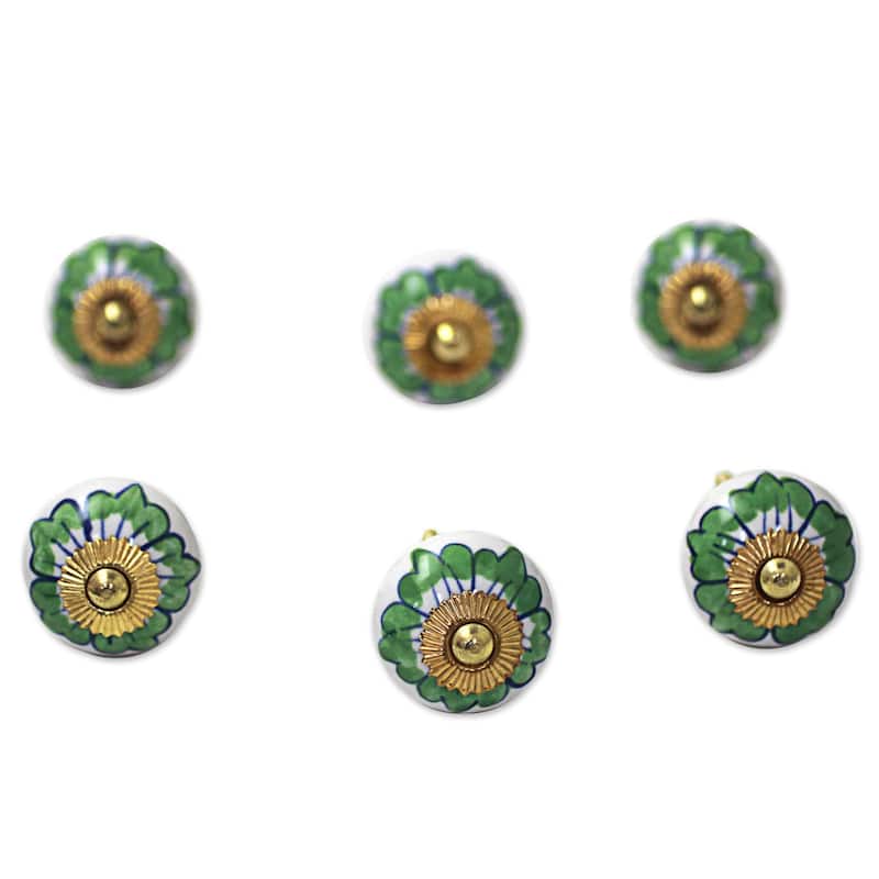 NOVICA Handmade Ceramic 'Green Flowers' Cabinet Knobs Set of 6 (India)