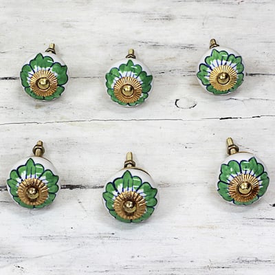 NOVICA Handmade Ceramic 'Green Flowers' Cabinet Knobs Set of 6 (India)
