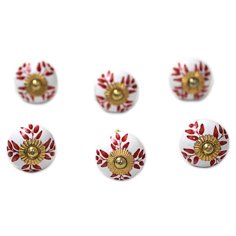 NOVICA Handmade Ceramic 'Leafy Red' Cabinet Knobs Set of 6 (India)