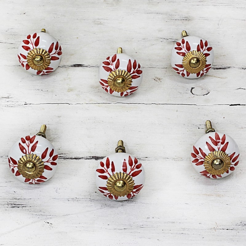 NOVICA Handmade Ceramic 'Leafy Red' Cabinet Knobs Set of 6 (India)
