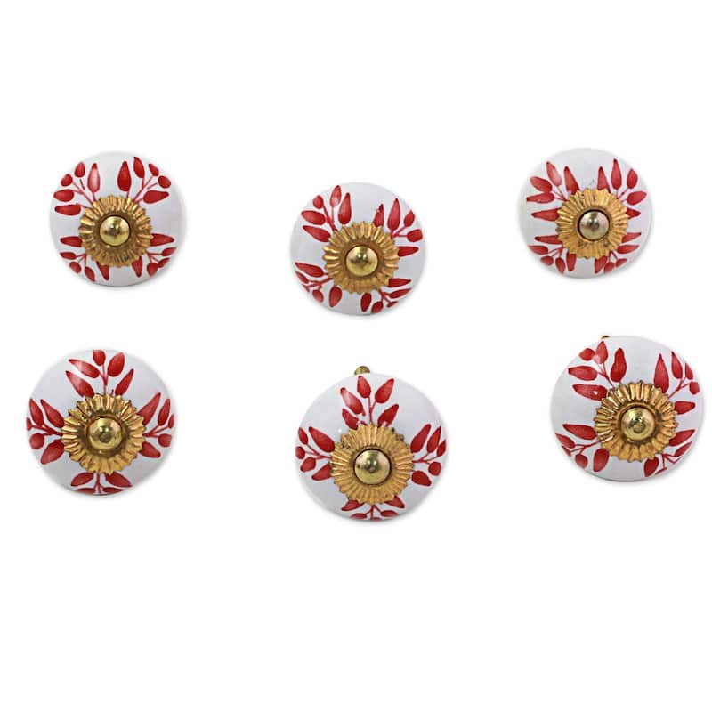 NOVICA Handmade Ceramic 'Leafy Red' Cabinet Knobs Set of 6 (India)