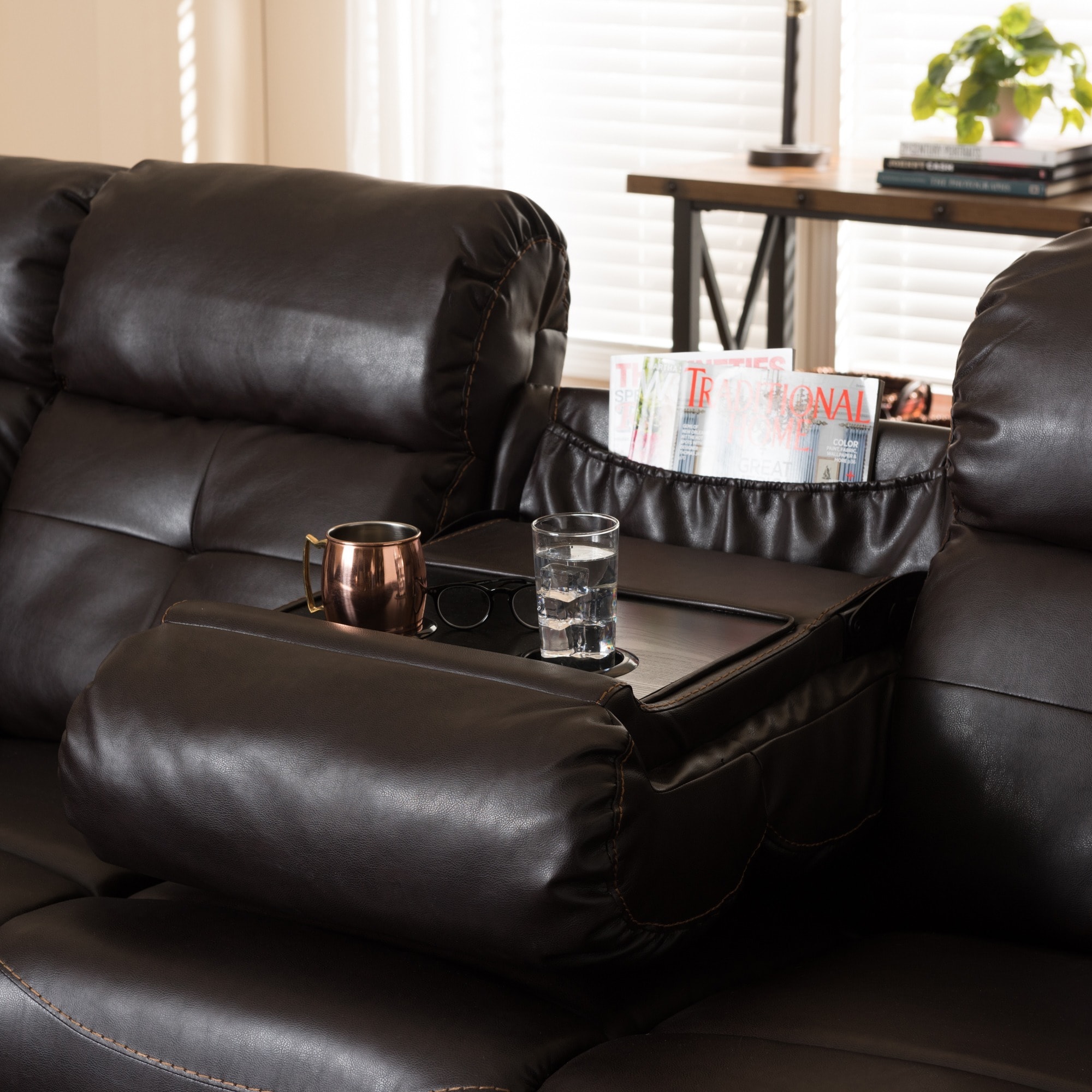 Baxton Studio Chaos Dark Brown Faux Leather 2 pc. Sectional w Recliner and Storage Chaise