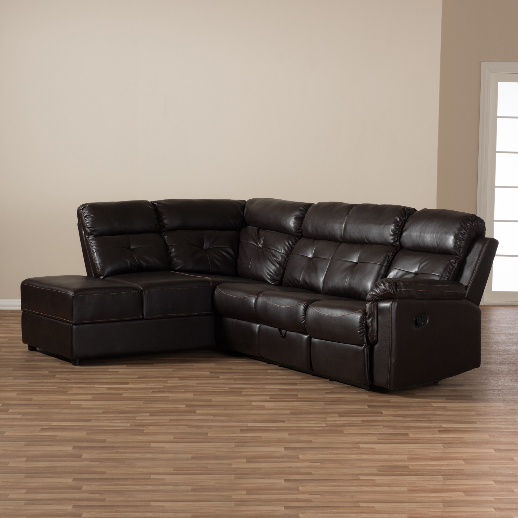 Baxton Studio Chaos Dark Brown Faux Leather 2 pc. Sectional w Recliner and Storage Chaise