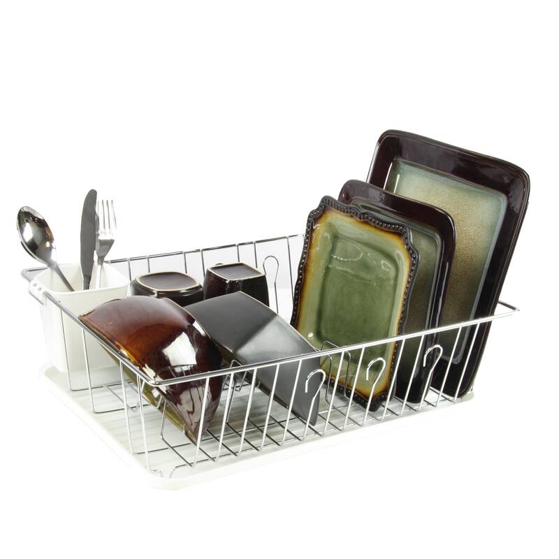 Mega Chef White Iron Wire 17.5-inch Single-level Dish Rack with 14 Plate Positioners and a Detachable Utensil Holder